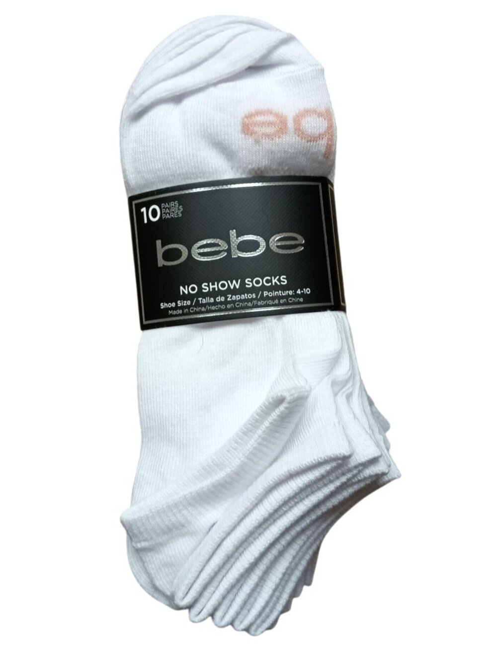 bebe Womens No Show Socks 10 Pairs White Metallic Pink Logo Shoe Size 4-10 NWT